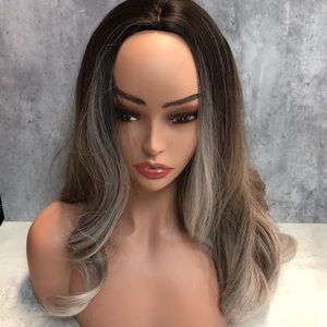 Long layered wig with grey highlights
